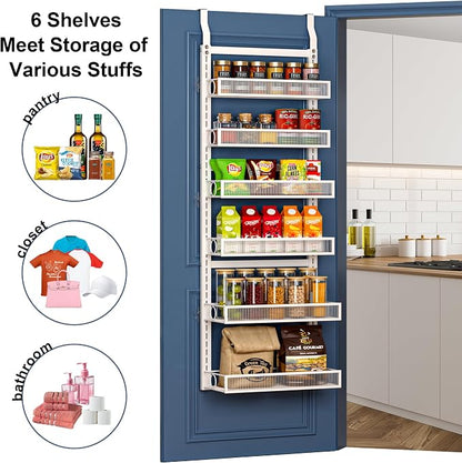 Over the Door Pantry Organizer 6 Tier Hanging or Wall Mounted Spice Rack with Adjustable Basket,Heavy Duty Metal Seasoning Organizer Shelf for Kitchen Pantry and Bathroom