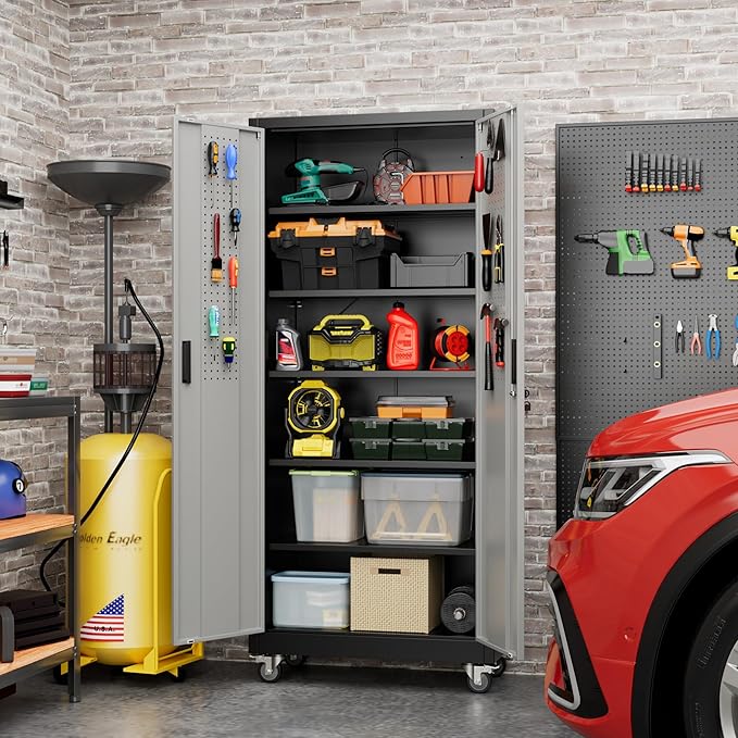 Garage Storage Cabinet with Wheels and Pegboard, 71"H x 32"W x 16"D Lockable Metal Storage Cabinet with 5 Adjustable Shelves and 2 Doors for Garage Home, Assembly Required, Black and Dark Grey
