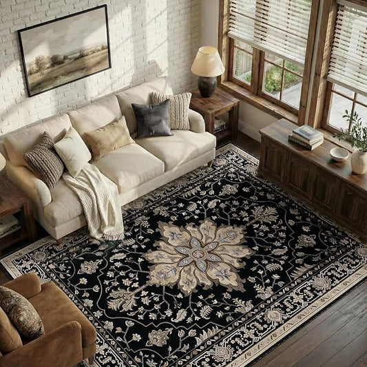 RELEANY Area Rugs 5'x7' Washable Non-Slip, Floral Vintage Distress Medallion Carpet for Living Room Bedroom Dining Room, Black Brown Neutral Dark Tan