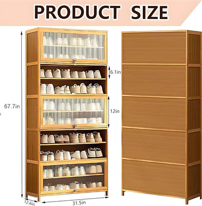 Tall Shoe Cabinet, 10 Tier Bamboo Shoe Rack with Doors, 40-45 Pairs Large Capacity Shoe Storage Cabinet Organizer, Narrow Shoe Shelf for Entryway, Hallway, Living Room