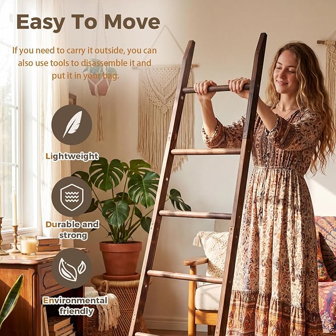 Sintuff Blanket Ladder for Living Room, 5.5ft Wooden Blanket Rack, 5-Tier Natural Leaning Tapered Ladder Shelf for Farmhouse Bedroom Living Room Bathroom Decor, Walnut Brown