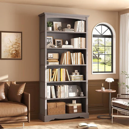 TVU 6-Tier Wooden Bookshelf, 76 Inch Tall Bookshelf with Storage, Floor Standing Modern Style Display Bookcase for Living Room, Office, Study Room, Entryway, Grey