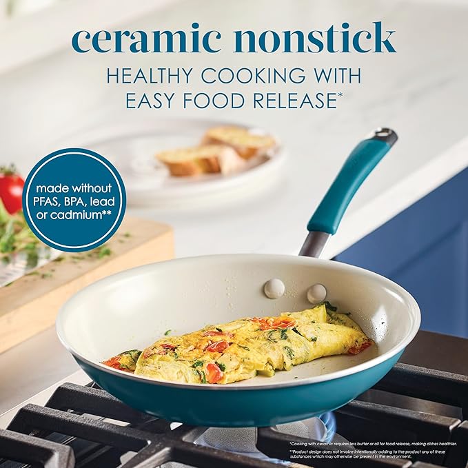 Rachael Ray Cucina Ceramic Cookware Set - 13 Pieces - Ceramic Pots and Pans Set w/Nonstick Frying Pans, Saute Pan, Saucepans, Stockpot, Lids, Pan Protectors - Marine Blue