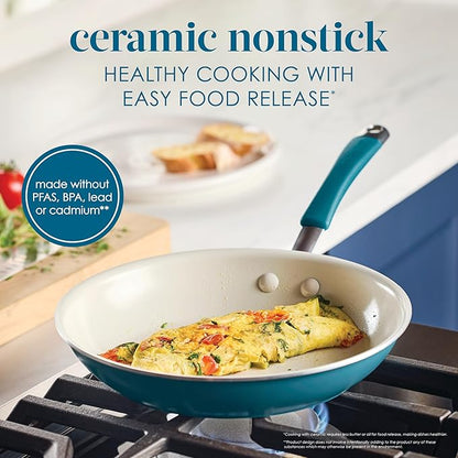 Rachael Ray Cucina Ceramic Cookware Set - 13 Pieces - Ceramic Pots and Pans Set w/Nonstick Frying Pans, Saute Pan, Saucepans, Stockpot, Lids, Pan Protectors - Marine Blue