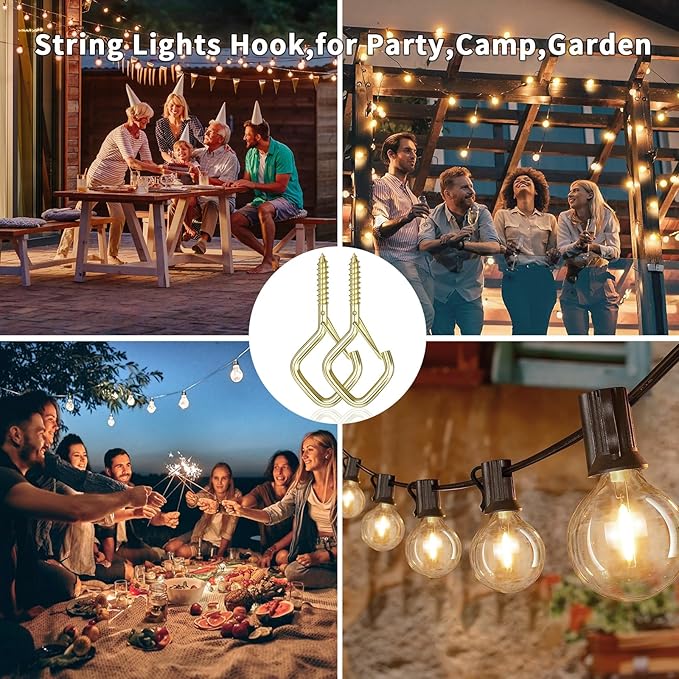 80 Pcs Outdoor Hooks for String Lights,Screw Hooks for Hanging Plants,Ceiling Hooks with Safety Buckle,Square Hanger for Wind Chimes,Bird Feeder,Lanterns,Christmas Decorations Gold