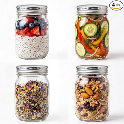 YINGERHUAN Glass Regular Mouth Mason Jars, 16 oz Clear Glass Jars with Silver Metal Lids for Sealing, Canning Jars for Food Storage, Overnight Oats, Dry Food, Snacks, Candies, DIY Projects (4PACK)