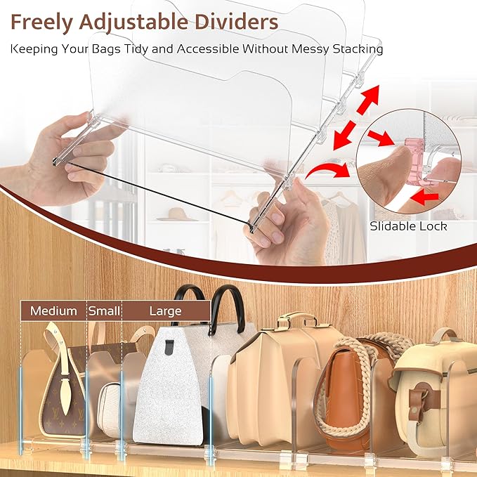 2-Pack Purse Organizers for Closet, Adjustable Small Shelf Divider Rack for Closet, Clear Handbag Storage Organizer, Plastic Bookshelf Separator Divider for Bedroom Living Room Office