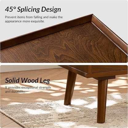 HULALA HOME 2 Drawer End Table with Pull-Out Shelf, Mid-Century Modern End Tables with Wood Legs, Wood Side Table with Charging Station(Walnut)