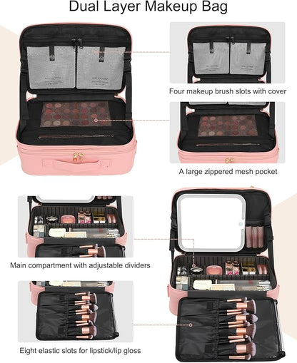 Chomeiu Makeup Bag with LED Mirror, Large Travel Cosmetic Train Case for Women, Makeup Artists Large Organizer Box with Vanity Light Up Mirror, 3 Color Lights, Adjustable Dividers (Pink)