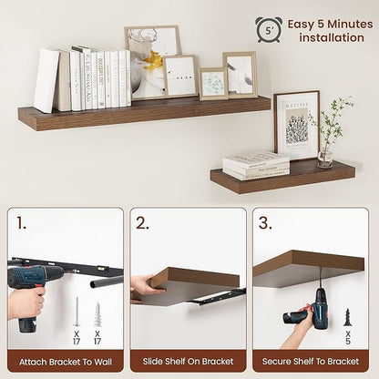 Vivelove Wide Floating Shelves for Wall 12 Inch Deep, 47.2" X 12" X 2" Floating Shelf, 2 Inch Thick Shelf for Living Room Bathroom Bedroom Kitchen Book Room, Rustic Farmhouse Decor Set of 2, Walnut