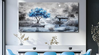 QIYILEXWART Canvas Wall Art For Living Room Large Wall Decor For Office Bedroom Decorations The Blue Tree Pictures The Hut Painting Stretched And Framed Artwork Room Ready To Hang