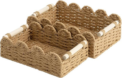 StorageWorks Toilet Paper Storage Basket, Living Room Organizers and Storage, Toilet Paper Basket with Wooden Handles, Small Paper Rope Scalloped Basket, Brown