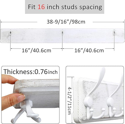 WEBI Coat Rack Wall Mount White,38 9/16" Long Coat Hooks Wall Mounted,Large Wall Coat Hanger,10 Tri Hooks for Hanging Coats,Clothes,Jacket,Farmhouse,White