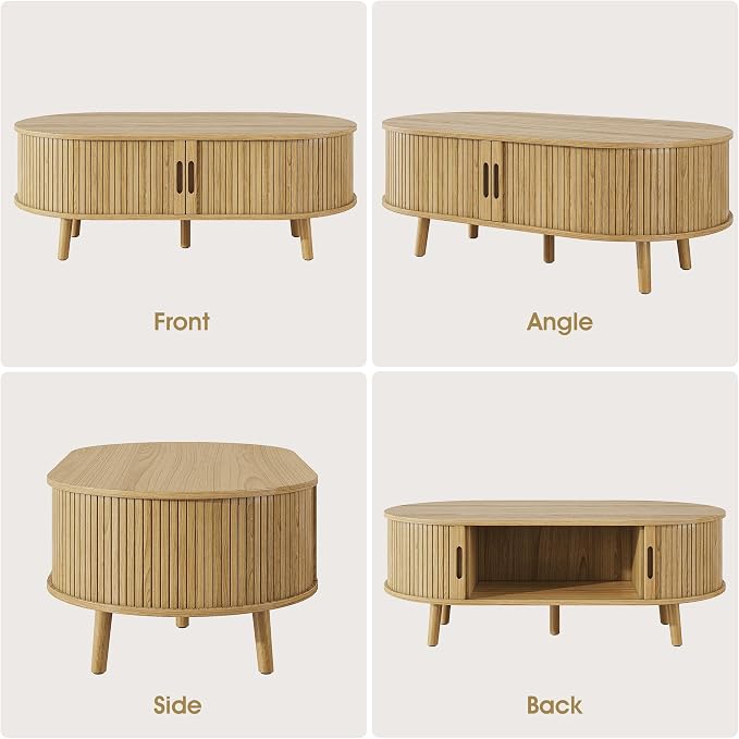Alohappy 42.5" W Oval Coffee Table, Mid Century Modern Coffee Table with Sliding Tambour Door, Fluted Center Table with Hidden Storage, Curved Accent Table for Living Room, Home Office,Natural Oak