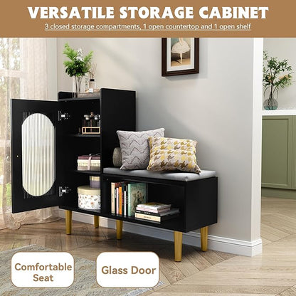 HLR Storage Bench Set of 2, Black Modern Entryway Shoe Cabinet Bench with Glass Door&Shelf, L-Shaped Storage Cabinet with Padded Seat for Hallway, Bedroom, Living Room, Office