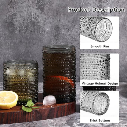 Moretoes Hobnail Drinking Glasses Set of 6, 12 Oz Highball Glasses & 10 Oz Cocktail Glasses, Clear Embossed Boho Glass Cups Kitchen Bar Tumbler Glassware Set for Whiskey, Beer, Juice, Milk (Gray)
