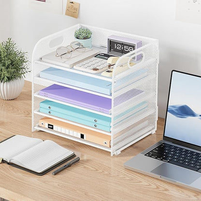 5 Tier Paper Organizer with Handle, White Metal Mesh Desk Organizer File Folder Paper Letter Tray Desktop Document Sorter for Classroom, School, Office Accessories Organization and Storage