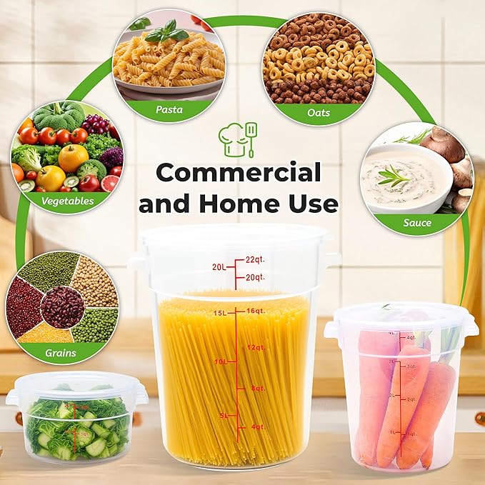 4 Pack Round Food Storage Containers with Lids, 18Qt Translucent Commercial Food Container, Polypropylene, BPA Free, Includes Labels & Measuring Cups