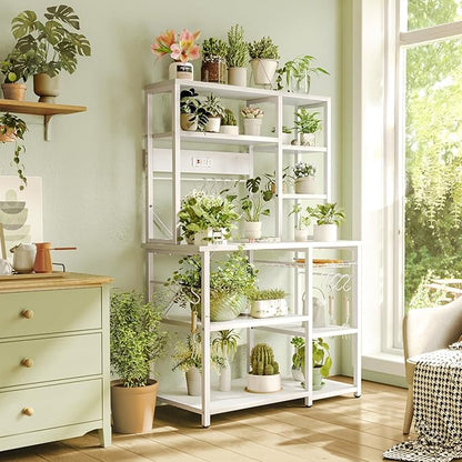 SUPERJARE Large Bakers Rack with Power Outlets, 6-Tier Microwave Stand, Coffee Bar with 12 S-Shaped Hooks, Kitchen Shelf with Wire Basket, 39.4 x 14.6X 66.9 Inches, White