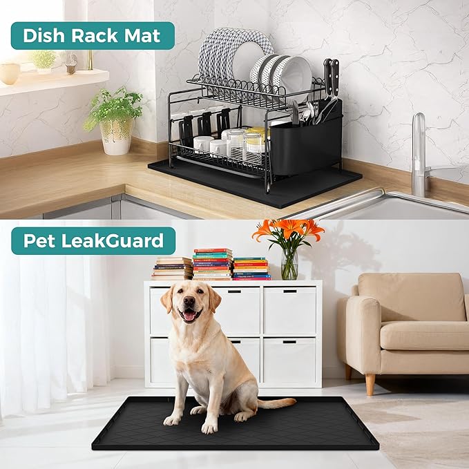 URMONA Under Sink Mat for Kitchen Waterproof, 34" x 22" Silicone Under Sink Mat for Shelf Liner Organizer, Cabinet Sink Protector Under Sink Liner for Bottom Kitchen, Bathroom(Black)