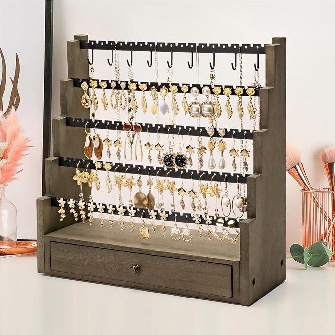 Pinzoveco Earring Organizer, 5 Layer Earring Holder Organizer with Necklace Holder Pole, Rustic Wood Jewelry Organizer Stand Display for Stud Earring Bracelet Necklace Ring, 175 Earring Holes