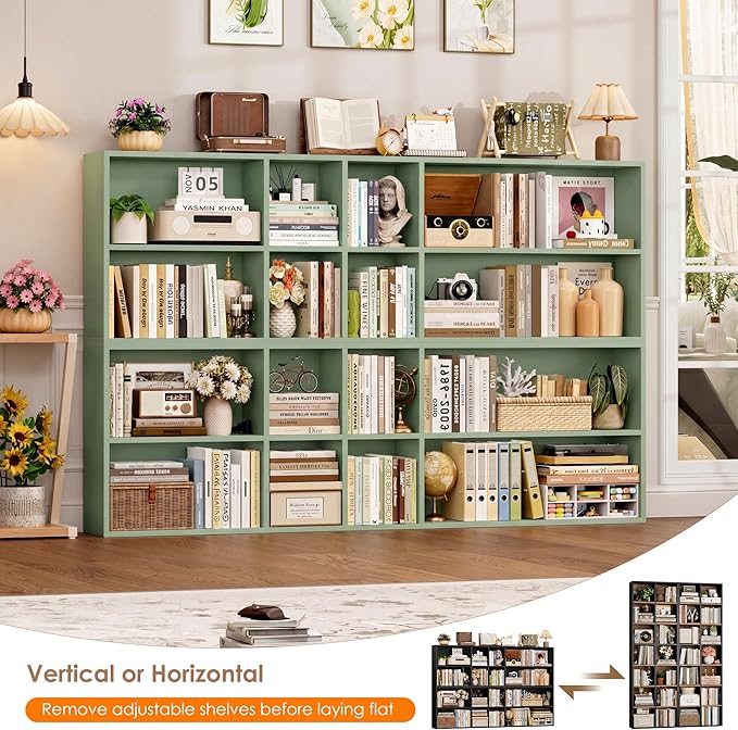 FOTOSOK 71'' Tall Bookshelf Set of 2, 7 Tier Large Bookshelf with Adjustable Shelves, Wide Bookcases and Bookshelf, DVD/CD Media Tower Storage, Cube Book Shelf Display Storage Cabinet, Green