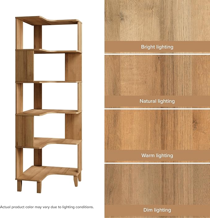 Prepac Nordik 6-Tier Natural Oak Modern Mid Century Corner Bookcase, 71.5" Extra Tall Corner Shelf with Storage, Multifunctional Freestanding Bookshelf for Home Office, Living Room, Bedroom