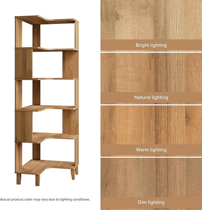 Prepac Nordik 6-Tier Natural Oak Modern Mid Century Corner Bookcase, 71.5" Extra Tall Corner Shelf with Storage, Multifunctional Freestanding Bookshelf for Home Office, Living Room, Bedroom