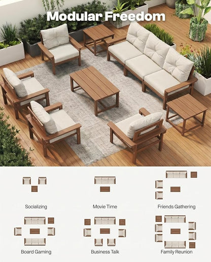 HDPE Outdoor Patio Furniture Set, 6-Piece Patio Conversation Sets with Coffee Table & Side Table & Beige Washable Thick Cushions, Outdoor Sofa for Balcony, Porch, Poolside (Teak Frame)