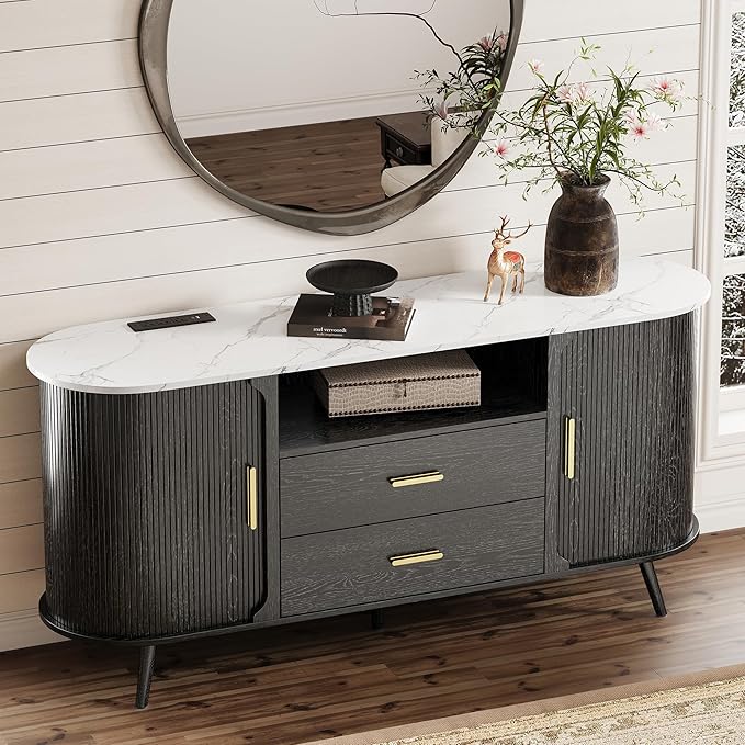 60" Sideboard Buffet Cabinet with Storage, Sliding Door & Adjustable Shelf, Modern Credenza with 2 Drawer, Accent Sideboard Coffee Bar Console Table for Kitchen, Entryway and Living Room