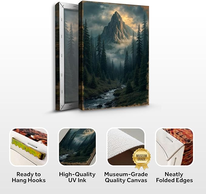 TAILORED CANVASES Sanctuary of the Peak Wall Art Mountain Landscape Featuring Misty Mountain Scene, Black and White Mountain with River, Nature Canvas Decor for Living Room Bedroom Office 16x24