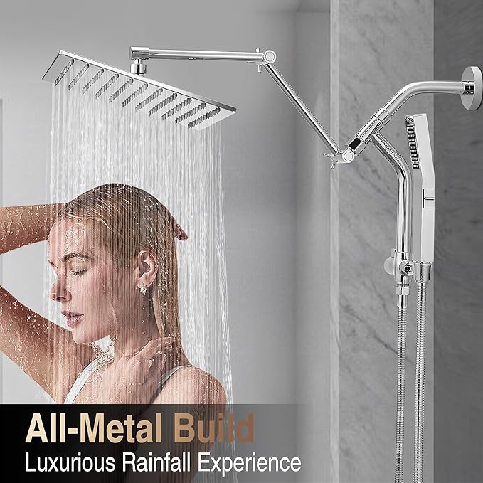 All Metal 10 Inch Rain Shower Head with Handheld Built-in Power Wash Mode, High Pressure Waterfall Rainfall Square Shower Heads with 16" Adjustable Extension Arm, Dual Showerhead(Chrome)