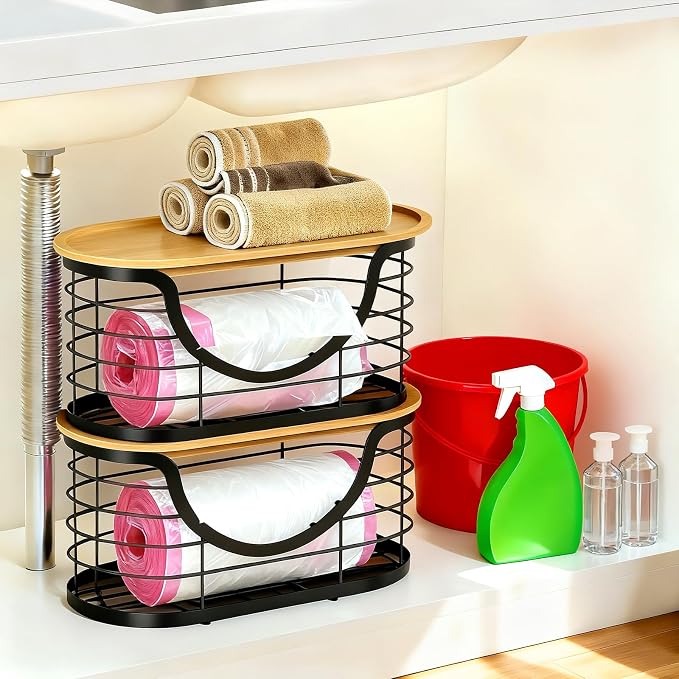 Haotao 2 Pack Trash Bag Holder，Stackable Trashbag Dispenser With Bamboo Lid，Wall Mount Garbage Bag Dispenser Organizer for Kitchen Laundry Room Under Sink