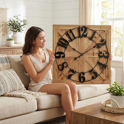 EMAX HOME Large Farmhouse Wall Clock – 24 Inch Brown Square Rustic Wooden Clock with Decorative Reversible Wooden Sign, Perfect for Any Space and Ideal Gift