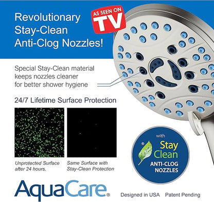Hotel Spa AquaCare As-Seen-On-TV High Pressure 48-setting Rain & Handheld 3-way Shower Head Combo - Anti-clog Nozzles/Tub, Tile & Pet Power Wash/Extra Long 6 ft. Hose/Satin Nickel Finish