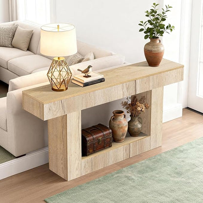 63 Inch Long Entryway Table U-Shaped Extension, Wooden Console Table with Socket Farmhouse Sofa Table for Entrance, Hallway, Living Room,Behind Couch((Natural Brown)
