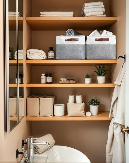 DECOMOMO Storage Baskets for Shelves - Fabric Storage Bins, Linen Closet Organizers and Storage (Grey & White, Large - 3 Pack)