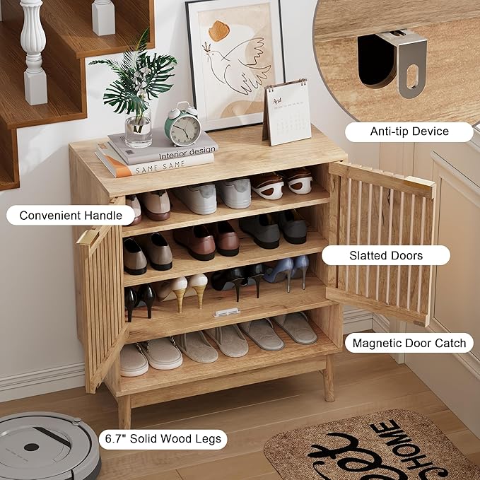 Shoe Cabinet with Slatted Doors, Freestanding Shoe Cabinet Storage for Entryway, 4-Tier Entryway Shoe Organizer Cabinets with Shelves (Oak, 27.6" Wide)