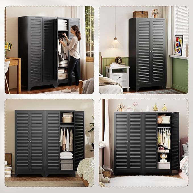Letaya Metal Wardrobe Cabinets,71" Tall Armoire Wardrobe Closet with Fluted Doors and Shelves,Large Coat Closet Cabinet with Hanging Rod,Clothing Storage Cabinets for Home Room(Black)