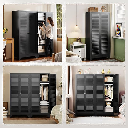 Letaya Metal Wardrobe Cabinets,71" Tall Armoire Wardrobe Closet with Fluted Doors and Shelves,Large Coat Closet Cabinet with Hanging Rod,Clothing Storage Cabinets for Home Room(Black)