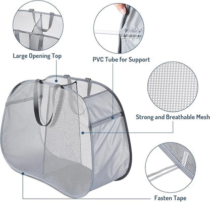 Seiritex Mesh Popup Laundry Hamper 2 Compartment, Collapsible Laundry Sorter Basket Foldable Hamper for Clothes, College Dorm, Travel (Gray)