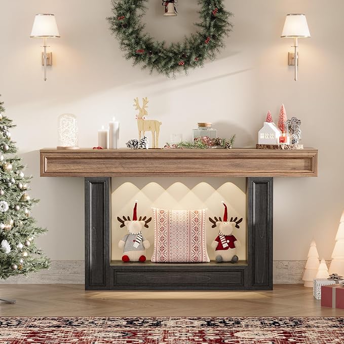 Rresyet 63" Console Table, 2-Tier Entryway Table with Sensor Lights, Coffee Table Behind The Sofa, with U-Shaped Base Suitable for Entryways, Living Rooms, Corridors, and Foyers(Wood)