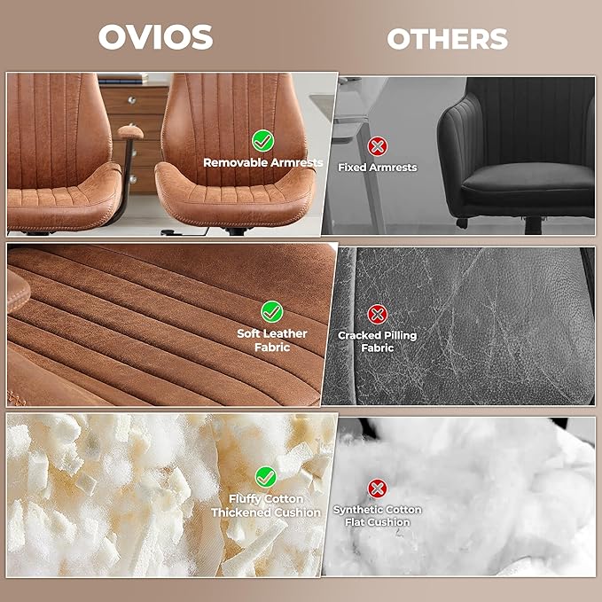 ovios Home Office Chair, Mid-Century Modern Faux Suede Leather Ergonomic Chairs, High Back Comfy Computer Swivel Rolling Task Executive Armchair, Brown