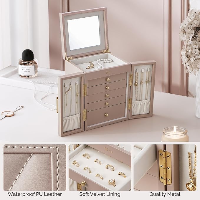 Jewelry Box for Women, 6-Tier Jewelry Organizer Box with Mirror, 5 Drawers Jewelry Storage Case for Ring Necklace Earring Bracelet, Light Taupe