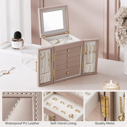 Jewelry Box for Women, 6-Tier Jewelry Organizer Box with Mirror, 5 Drawers Jewelry Storage Case for Ring Necklace Earring Bracelet, Light Taupe