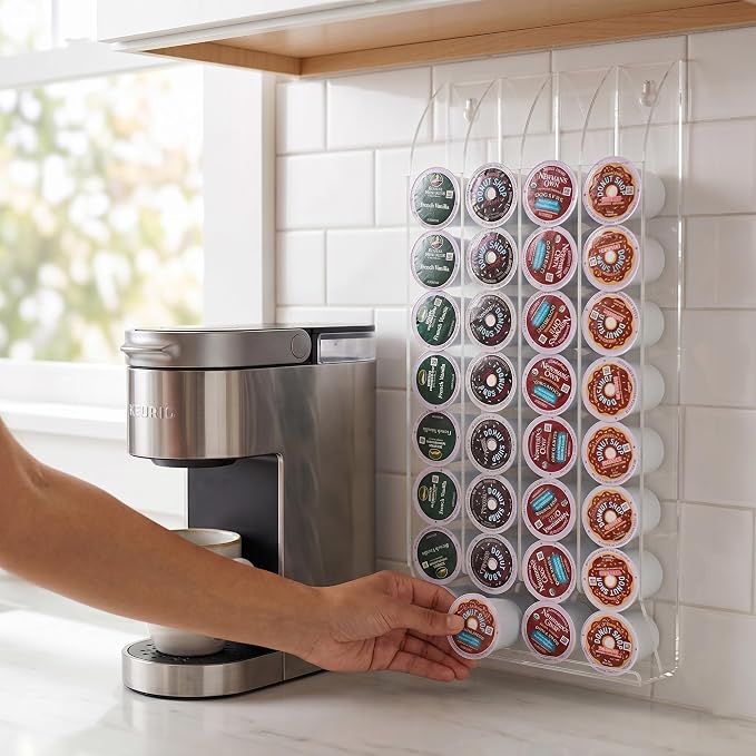 OnDisplay Wall Mount Acrylic Coffee Pod Holder Compatible with Keurig K-Cup Capsules, 32 Pod Capacity Clear K Cup Storage Organizer Rack for Kitchen Counter, Coffee Bar Stations and Pantry, No