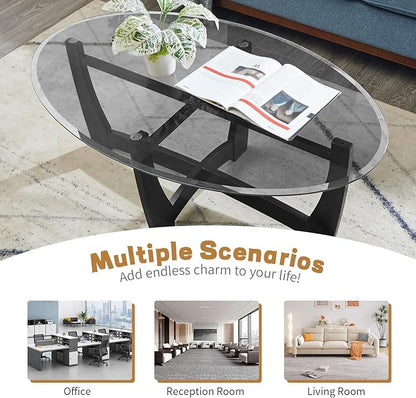 LKTART 48" Oval Glass Coffee Table with Black Tempered Glass Top Cross and Solid Wood Base Simple & Modern Center Table for Living Room Office Apartment Black