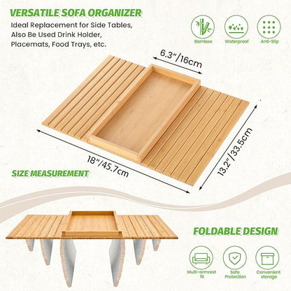 GEHE Bamboo Sofa Arm Tray, Foldable Couch Arm Tray Side Table, Anti-Falling Armrest Tables Cup Holder for Snacks, Drinks, Beers, Phone, Control, Flexible and Portable, Anti-Slip