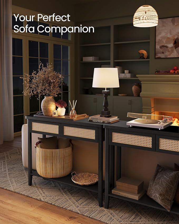 VASAGLE Console Sofa Table, Narrow Entryway Table, 2 Drawers, Open Storage Shelf, Rounded Corners, for Living Room, Boho Style, Ash Black ULNT016BF01S
