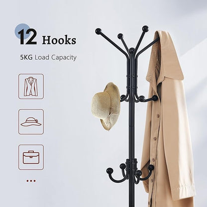 FAVOOSTY Coat Rack Freestanding,Coat Rack Stand with Umbrella Holder,Metal Coat Tree with 12 Hooks,Tree Clothes Hat for Entryway, Hallway, Bedroom, Living Room & Office -Black